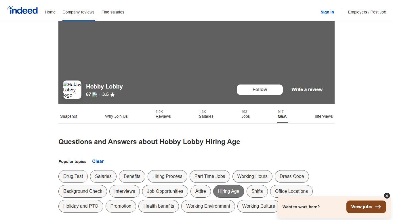 Questions and Answers about Hobby Lobby Hiring Age Indeed.com